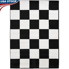 5x7 Indoor Area Rug Black White Checkered Stain Resistant Durable Modern Design