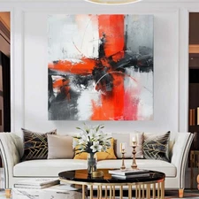 Abstract Oil Painting Thick Textured Hand Painted On Canvas Wall Art Red Gray