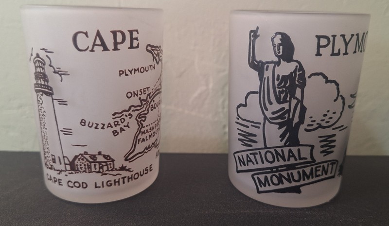 Cape Cod MA and Plymouth MA, Hazel Atlas frosted shot glasses w/brown letters