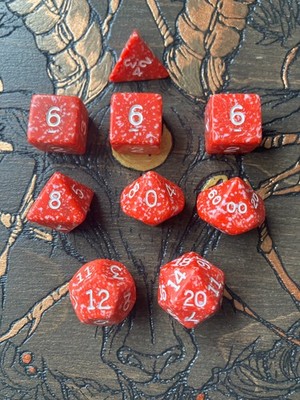 Koplow OOP Speckled Red Two Tone dice - Complete 9 piece set - Uncarded