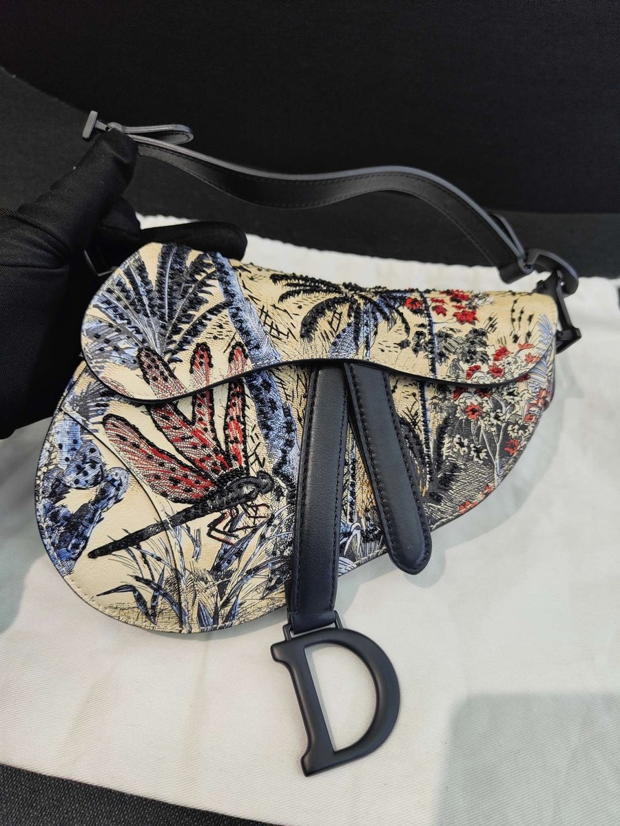 Dior Saddle Bag Mini Toil de Jouy Dragonfly Embroidery Hobo Bag