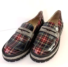 Jessica Simpson Everlyn Plaid Rhinestone Loafers Christmas Shoes Size 9- 1/2M