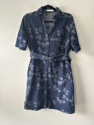 SOLITAIRE Women s Dark Wash Denim Short Sleeve Blue Floral Belted Mini Dress
