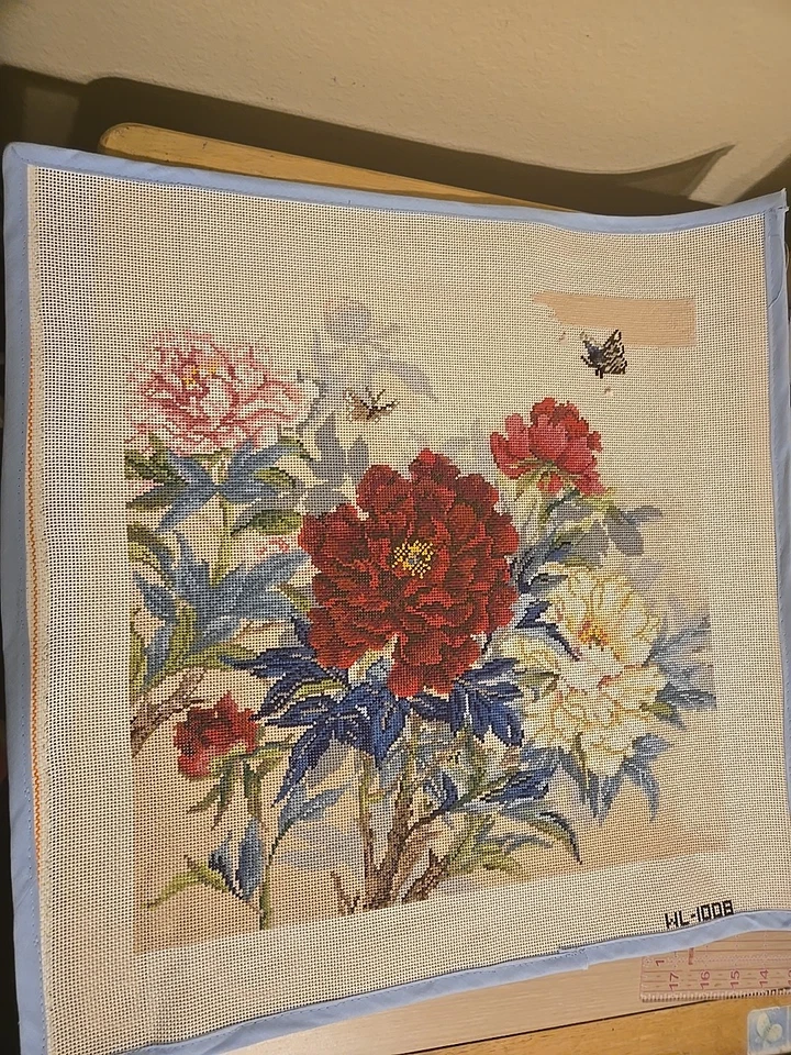 Lucy Wang Peony Butterflies Needlepoint 15.75" X 15.75 Painted Partially Started - Image 4 of 4