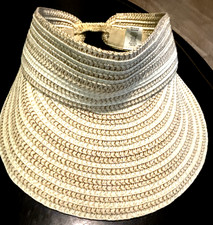 Straw Sun Visor Hat Tan Gold Metallic Woven Wide Brim Open Top One Size mc