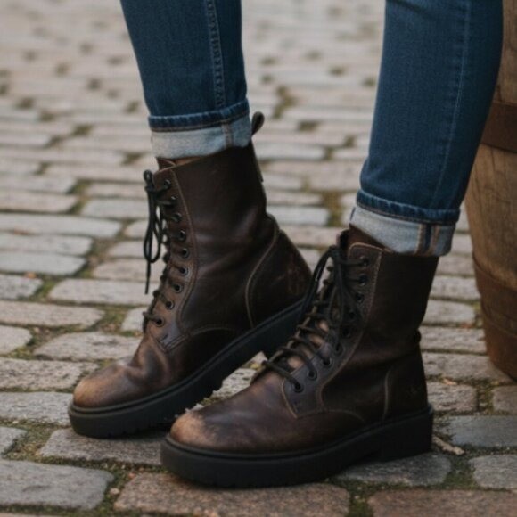 Zara Boots Size 36 Women's Distressed Combat Brown Lace Up Mid Calf Side Zip 6