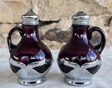 Farber Bros NY Krome Kraft Amethyst Glass Salt & Pepper Shakers & Lids c1940s