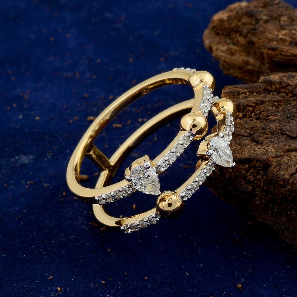Natural H SI Diamond Double Band Cuff Ring 18k Yellow Solid Gold