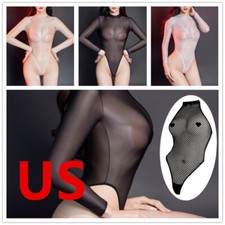Women Sheer Mesh Long Sleeve Stretchy Bodysuit Jumpsuit Shiny Leotard Catsuit