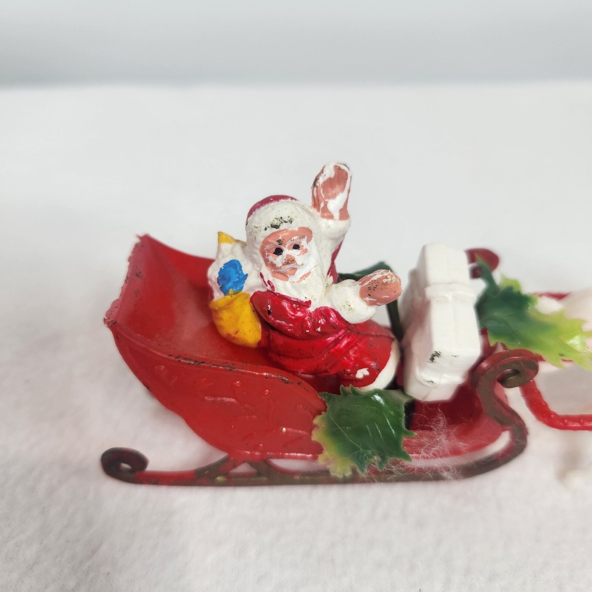 Vintage 1970s Plastic Waving Santa Claus in Sleigh+Blue Eyed