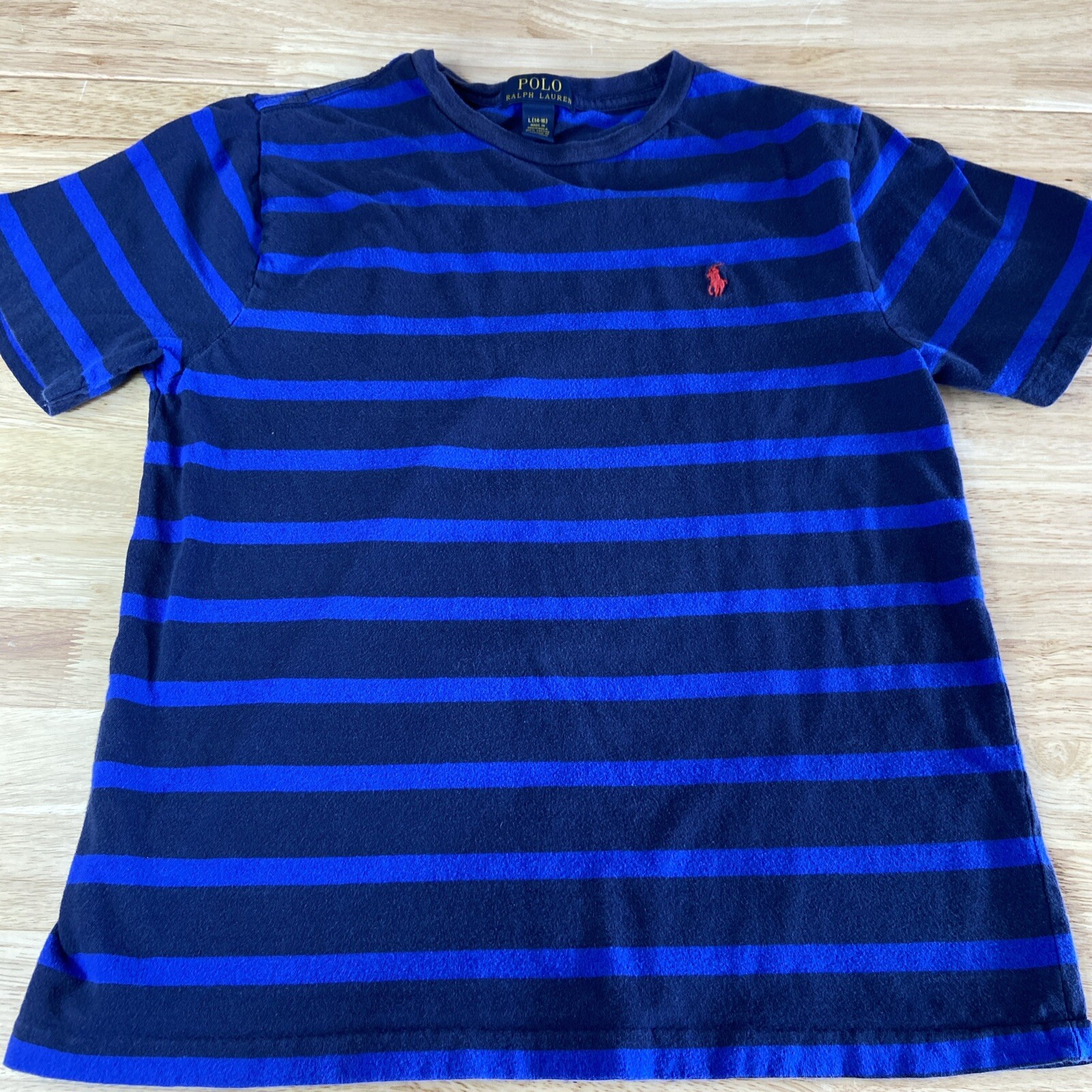 Polo Ralph Lauren T Shirt Ringer Blu a Righe Ragazzi Taglia L (14 16) Logo Pony Rosso