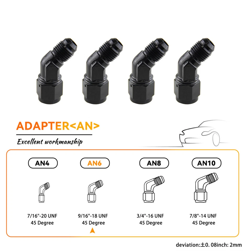 Adaptador de montaje de manguera giratoria de 45 grados an6 hembra a 6AN macho 4 piezas negro Foto 3 de 4