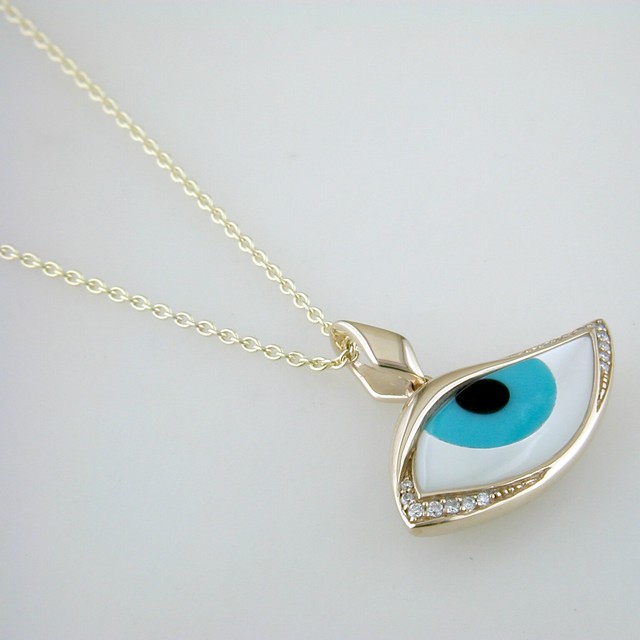 Kabana Mati 14k Yellow Gold Blue Evil Eye Diamond Pendant Blue