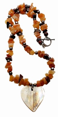 Antique 191 Caret Amber & Silver Bead Artisian Necklace 18'' Mother of Pearl Pend