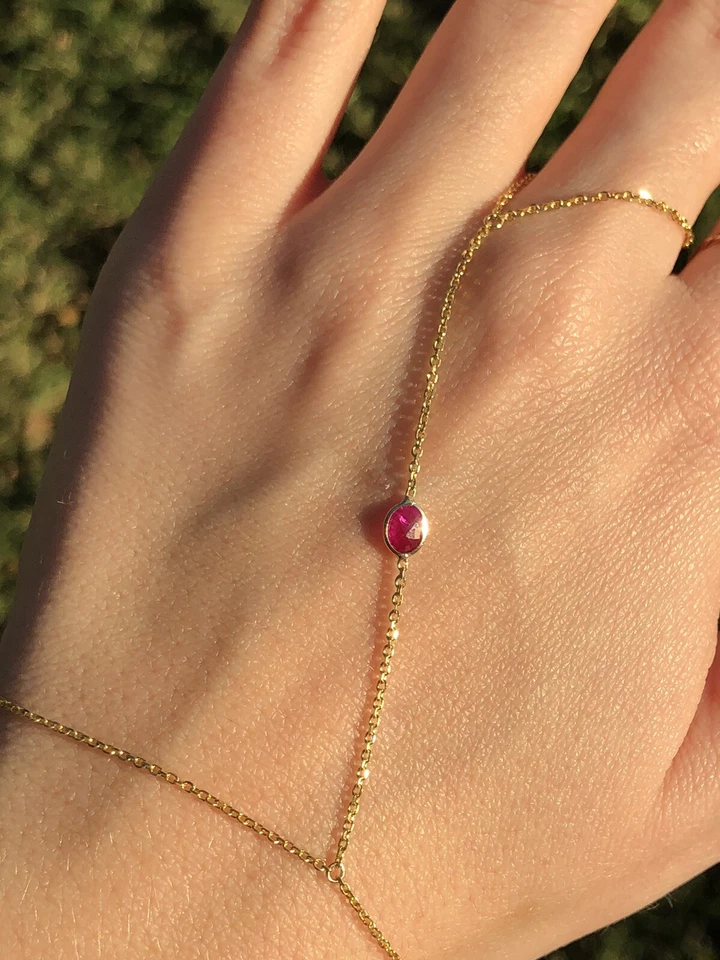 Stunning Oval Natural Ruby 14K Yellow Gold Hand Chain Slave Combo Ring Bracelet  - Image 3 of 4