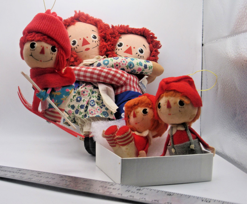 3 VTG Raggedy Ann & Andy Christmas Ornaments and Knickerbocker Hugging Dolls