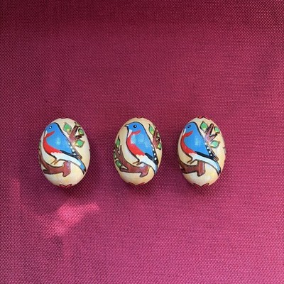 Vintage Carved  Wood Polish Easter Eggs Hand Painted Set Of 3 Blue Birds Flowers