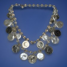 Vintage 1960s Coin & Faux Pearl Double Strand Necklace 16.5”