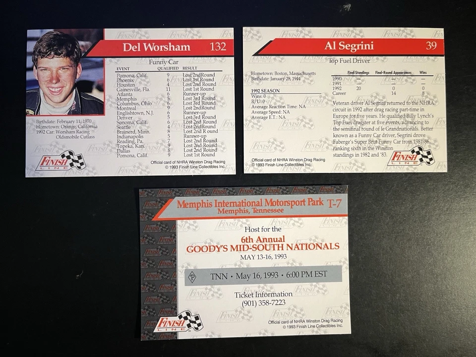 3 Vintage 1993 NHRA Drag Racing Cards Del Worsham Funny Car, Al Segrini Top Fuel - Image 2 of 2