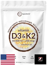 Micro Ingredients Vitamin D3 10,000 IU K2 MK-7 200mcg 180 Softgels Coconut Oil