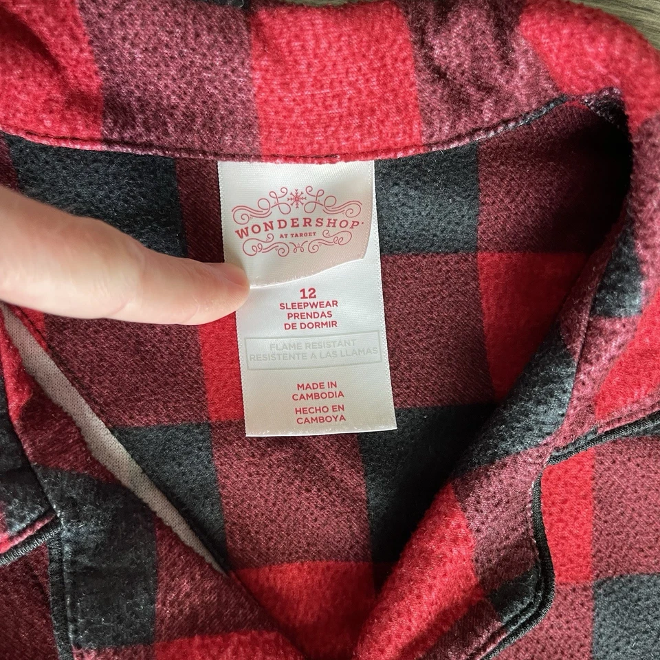 Wondershop Pajamas Buffalo Plaid Boys Sz 12 Red & Black Fleece Christmas Holiday - Image 3 of 4