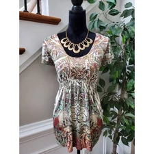 One World Women's Multicolor Polyester Scope Neck Short Sleeve Pullover Blouse S