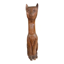 Vintage Tall Mid-Century Handcarved Folk Art Primitive Wooden Cat Statue