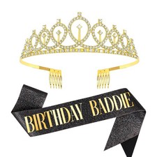 Birthday Baddie Sash and Tiara Set Gold Rhinestone Crown