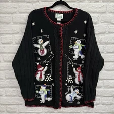 Vtg Quacker Factory Novelty Christmas Cardigan 1X Cottagecore Whimsical Snowman