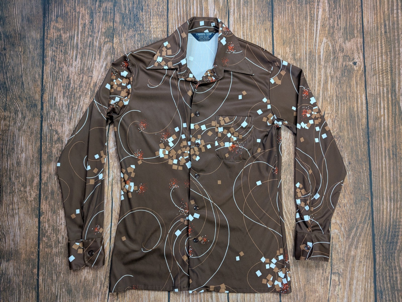 Vtg Mens Career Club 70s Disco Polyester Graphic Prong Long Sleeve Shirt Size S