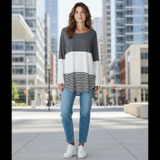 Womens Zenana Premium Size 2X Gray White Black Striped Long Sleeve Sweater Soft