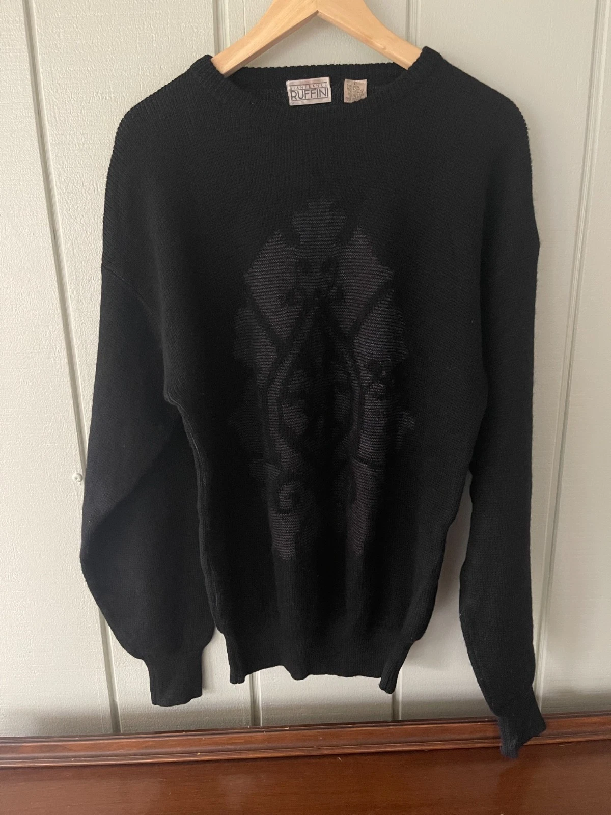 Vintage Gian Franco Ruffini Black Damask Pattern Wool Blend Sweater - Men's Larg