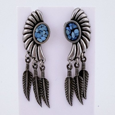 Nice Vintage Southwest EGE '89 Pewter And Turquoise Pierced Dangle Earrings