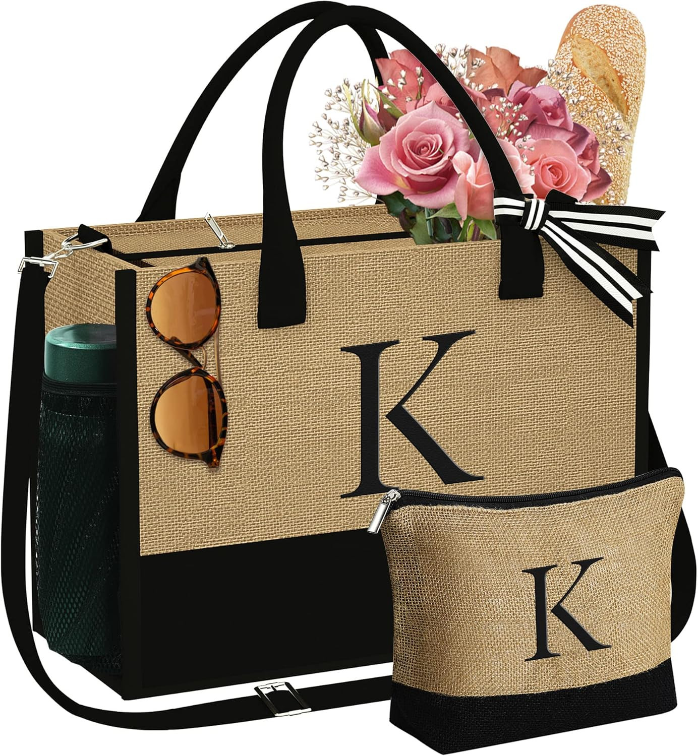 Mothers Day Gifts for Women - Initial Jute Tote Bag & Makeup