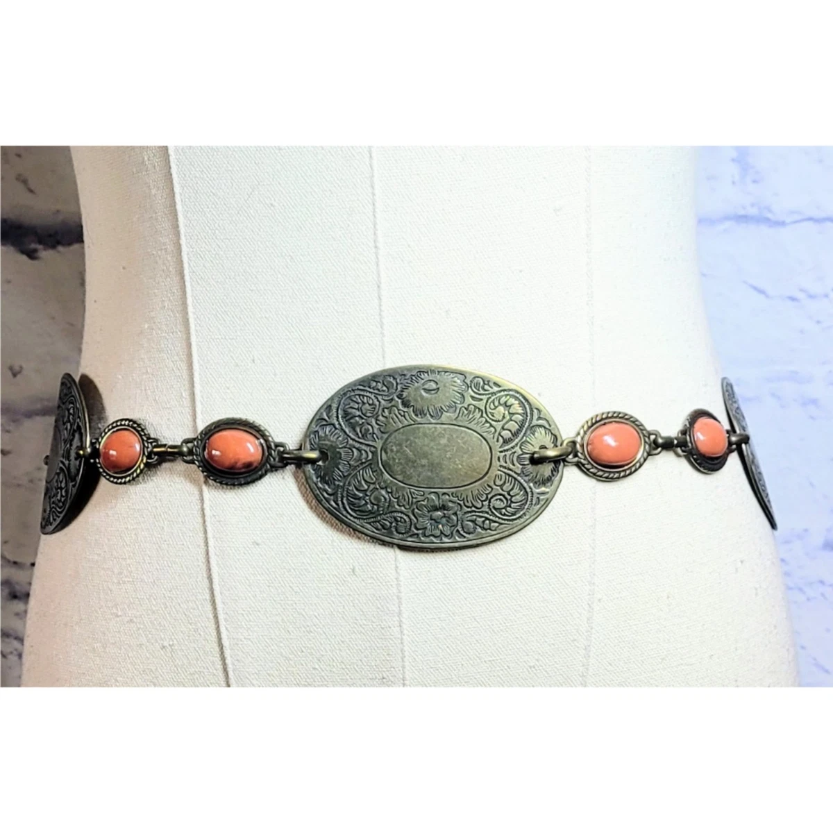 Womens Belt Brass Tone Medallion Chain Ornate Coral Embellished Adjustable Vintage Decorative Brass Tone Stylized Floral Linked Chain  main image 3