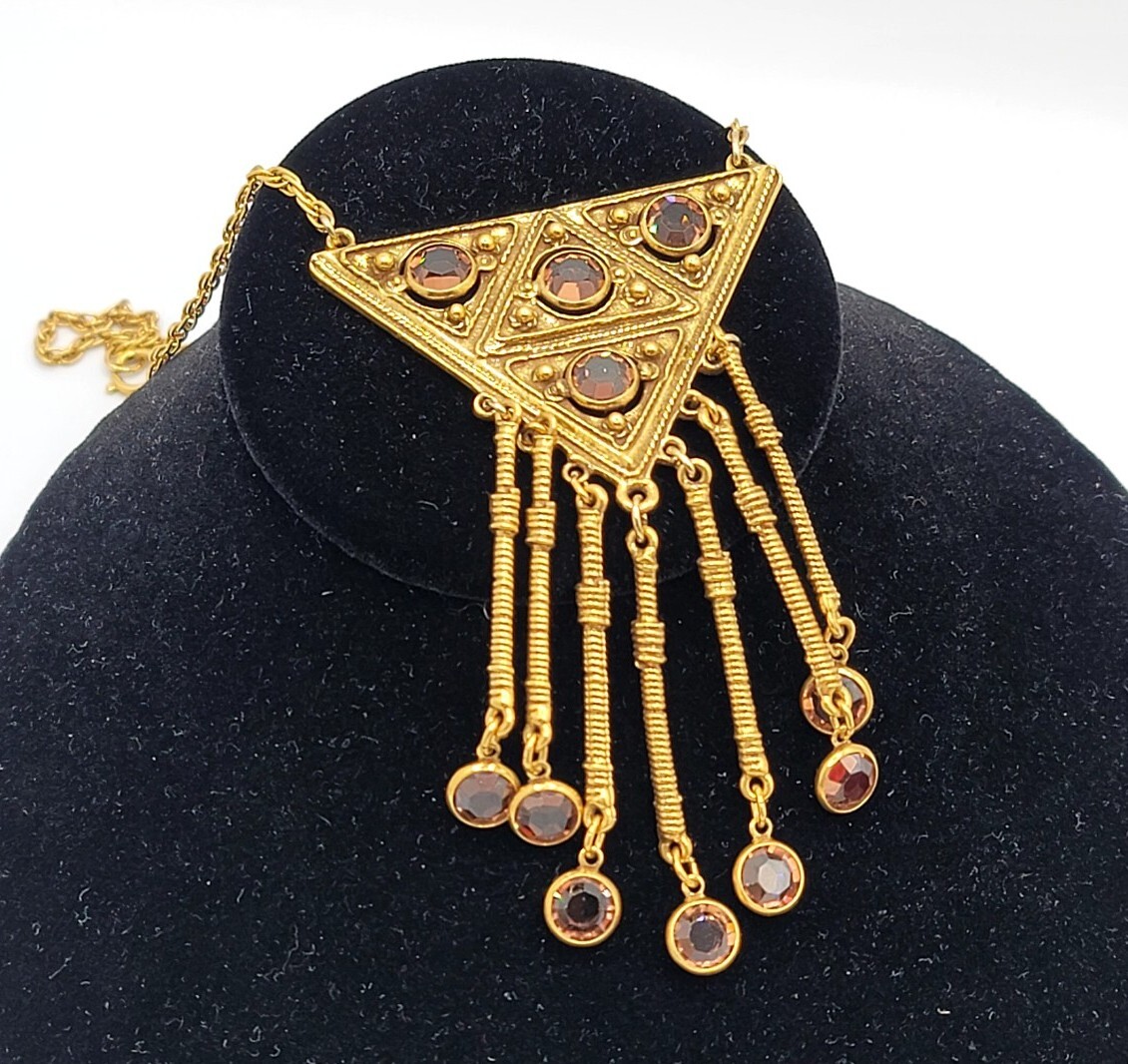 Vtg GOLDETTE Necklace Egyptian Etruscan Revival Dangles Crystals 