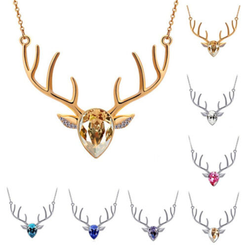 Antlers Deer Head Elk Reindeer Chain Crystal Pendant Necklace Xmas Jewelry Gift - Picture 1 of 4