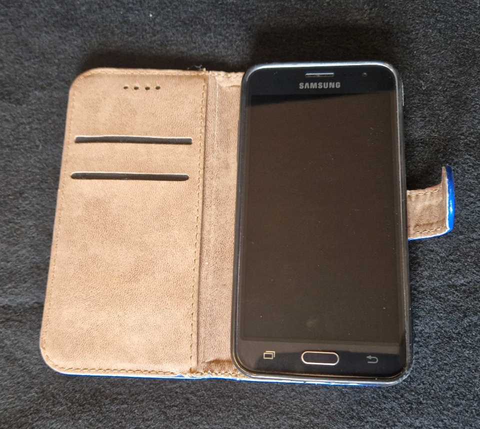 Funda de teléfono para Samsung Galaxy J3 2016 cuero azul abatible tarjeta billetera soporte cubierta Foto 2 de 3