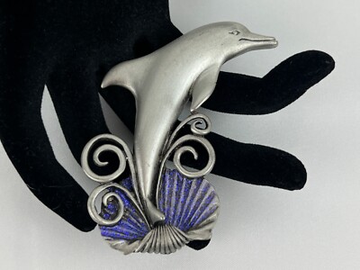 JJ Jonette Vintage Pewter Dolphin Brooch Pin with Purple Glitter