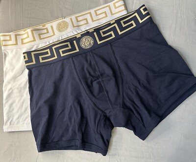Versace Greco Boarder 2-Pack Navy & White Trunks/ Boxer Briefs Men