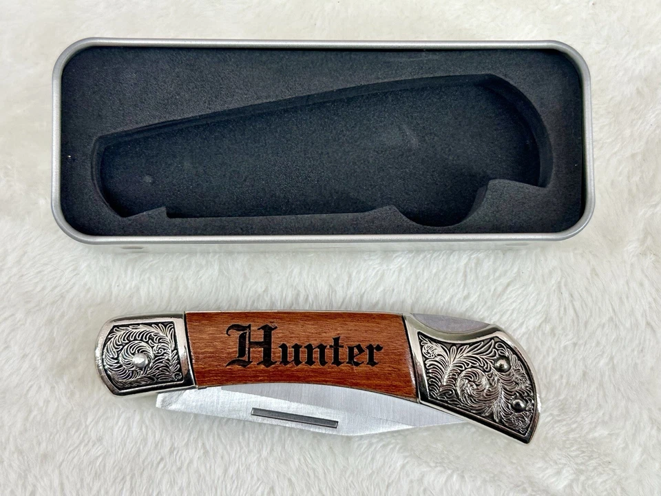 Legacy “HUNTER” Knife Engraved Stainless Steel Blade Real Wood Metal Gift Box - Image 4 of 4