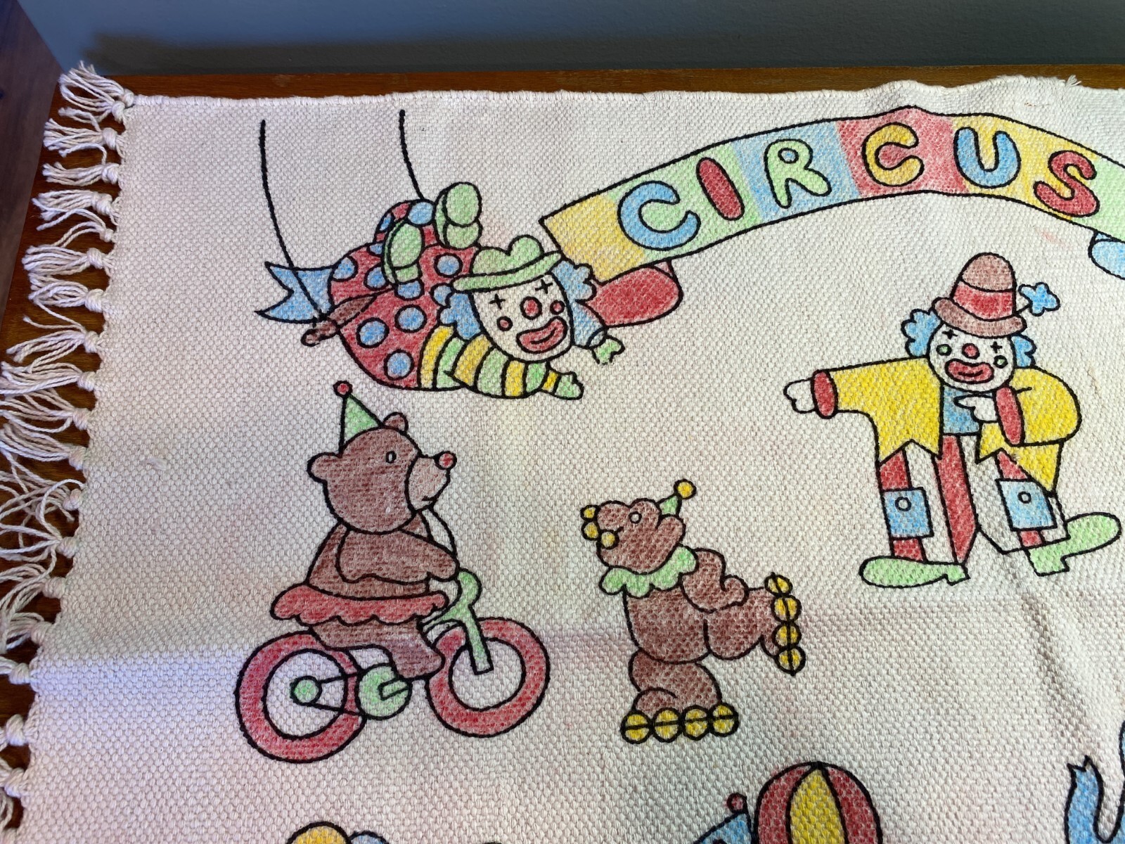 Nursery Circus Themed RUG India Handwoven Clowns Animals Colorful 21x34 Cotton