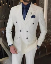 Men White Double Breasted Stripe Formal Business Prom Party Tuxedos Wedding Suit