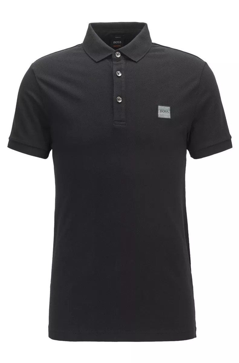 Hugo Boss Mens Casual Logo Branded Slim-Fit Cotton Polo T-Shirt Black |