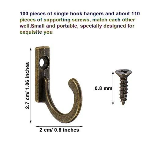 Zhehao 100 Pieces Wall Mounted Single Hook Robe Hooks Coat Hooks and 110 Pieces Screws for Hanging Key Hooks Jewelry (Bronze)