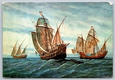 Postcard Spain Madrid Painting naval museum  Three ships of Colon c1989   2F