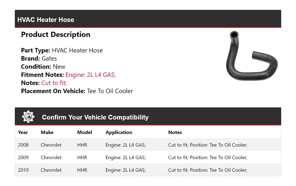 For 2008-2010 Chevrolet HHR 2L L4 GAS HVAC Heater Hose Tee To Oil Cooler Gates - Image 2 of 4