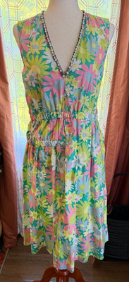EUC Marni 2012 runway floral dress beaded sleeveless v-neck cotton sz IT 42-US 6