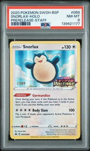 2020 POKEMON SWSH BLACK STAR PROMO PRERELEASE-STAFF #068 SNORLAX-HOLO PSA 8