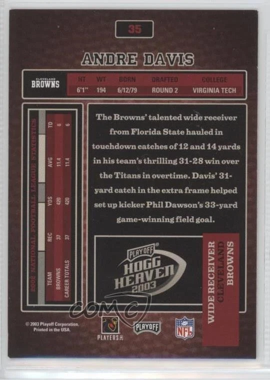 2003 Playoff Hogg Heaven Andra Davis Andre Davis #35 - Image 2 of 2